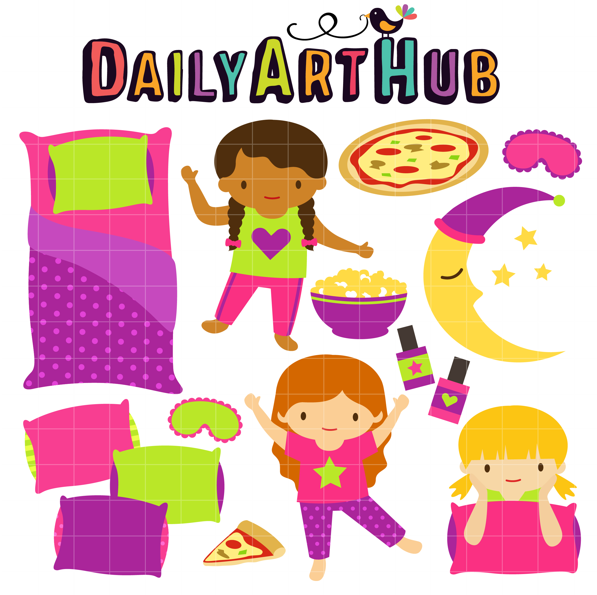 Three Girls Playing Pillow Fight At The Slumber Party Illustration