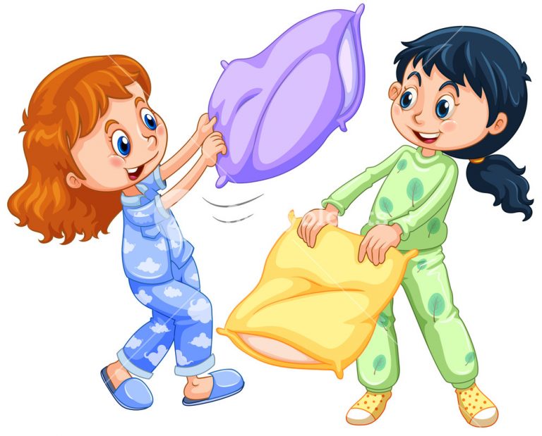 Girls Playing Pillow Fight At Slumber Party Illustration Clipart 