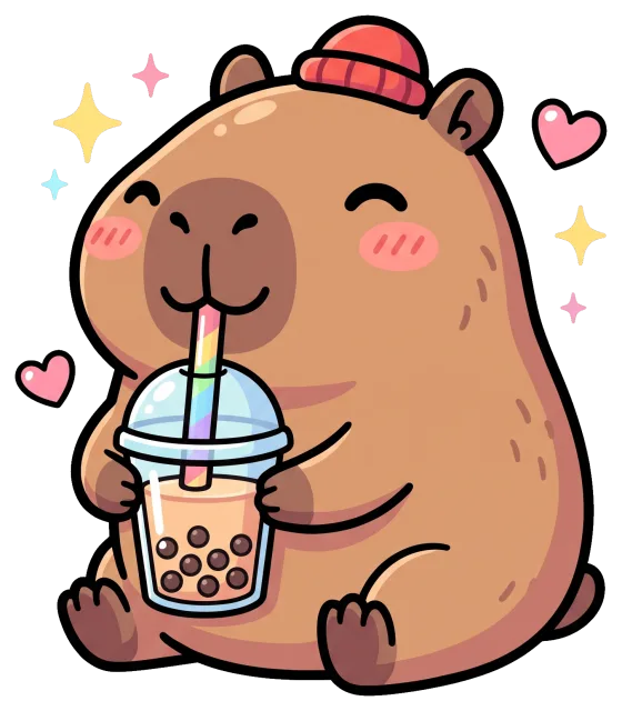 Cute capybara enjoying bubble tea with a beanie hat