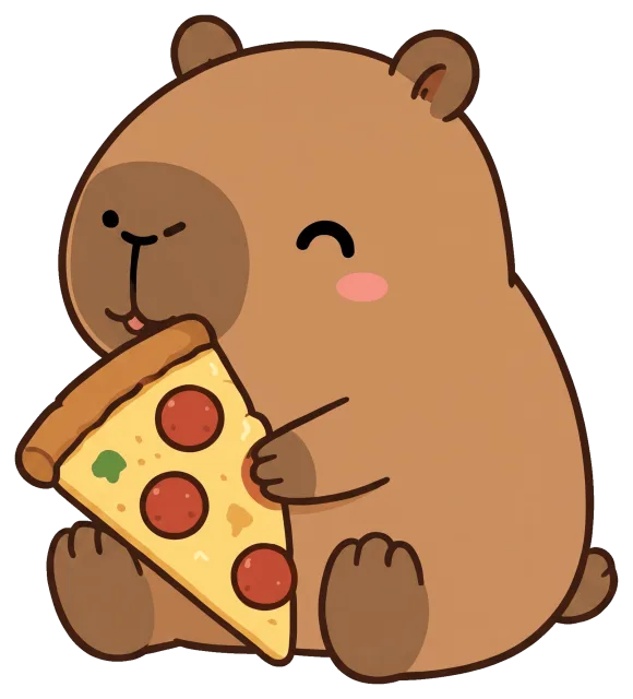 Cute capybara happily eating a slice of pepperoni pizza