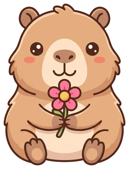 Cute capybara holding a pink flower with a smile