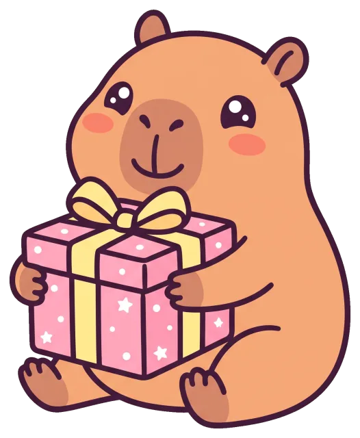 Cute capybara holding a pink gift box with a yellow ribbon
