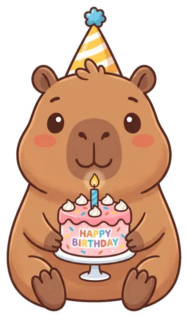 Cute capybara wearing party hat holding birthday cake