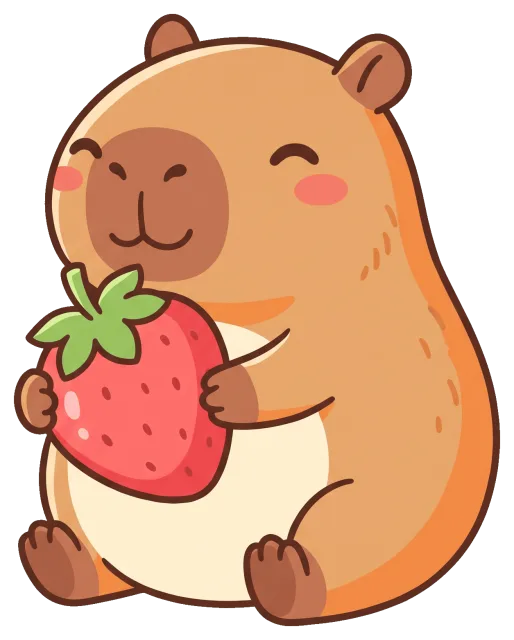 Cute cartoon capybara holding a large strawberry