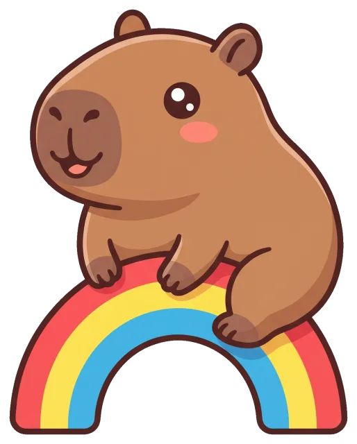 Cute cartoon capybara sitting on a colorful rainbow