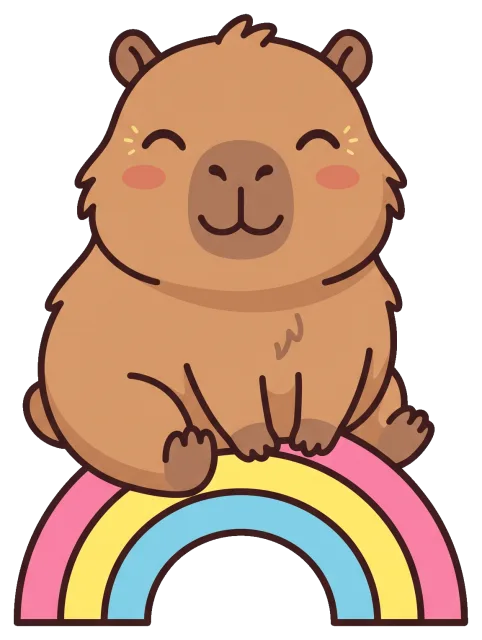 Cute smiling capybara sitting on a colorful rainbow