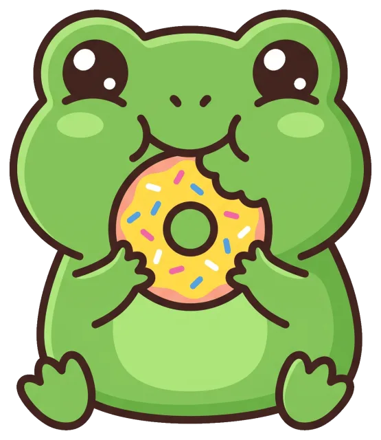 Cute cartoon frog eating a sprinkled donut