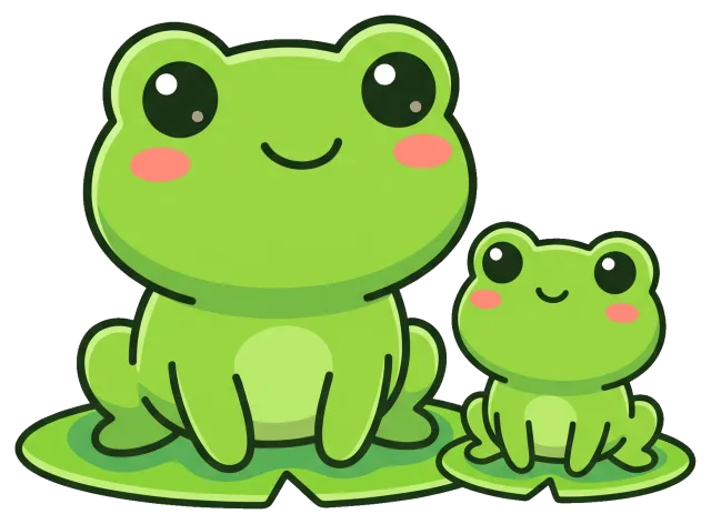 Cute cartoon frogs sitting on lily pads with smiling faces