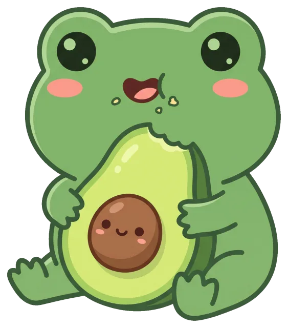 Cute frog happily eating an avocado half with a smiling pit