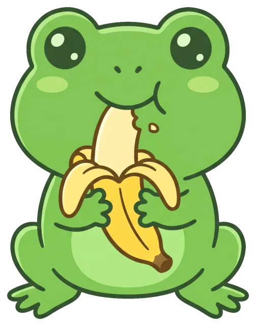Cute green frog eating a peeled banana