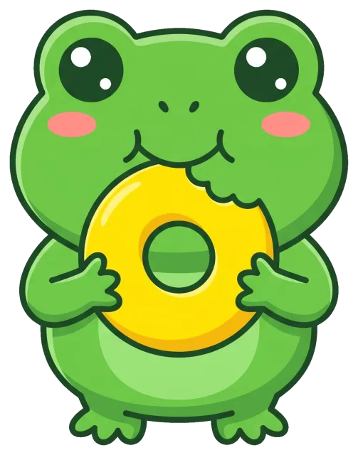 Cute green frog holding and biting a yellow donut