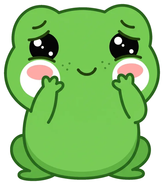 Cute green frog with shy expression and blushing cheeks