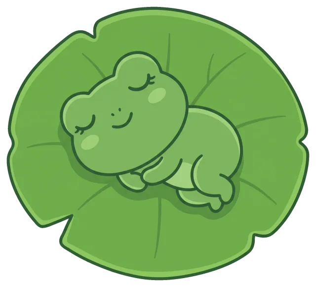 Sleeping frog resting on a green lily pad