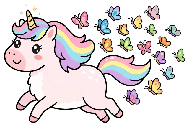 Cute running unicorn with rainbow mane and colorful butterflies