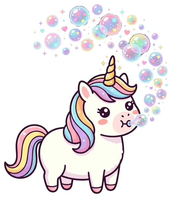 Cute unicorn blowing colorful magical bubbles