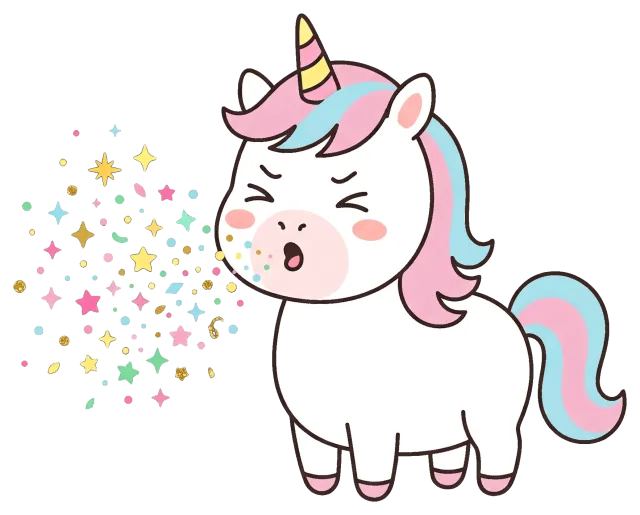 Cute unicorn blowing colorful magical sparkles