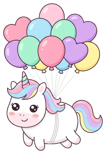 Cute unicorn floating with colorful heart and round balloons
