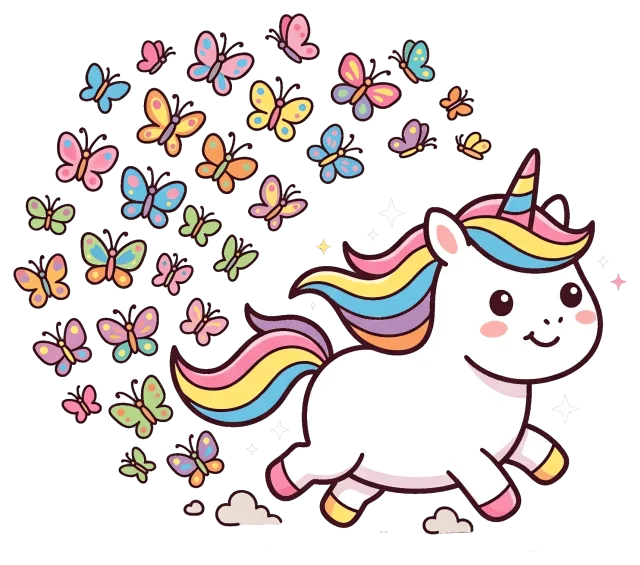 Cute unicorn with colorful butterflies flying around