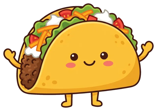 Cute cartoon beef taco with smiling face and arms
