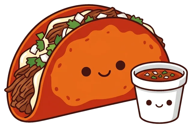 Cute cartoon quesabirria taco with dipping sauce