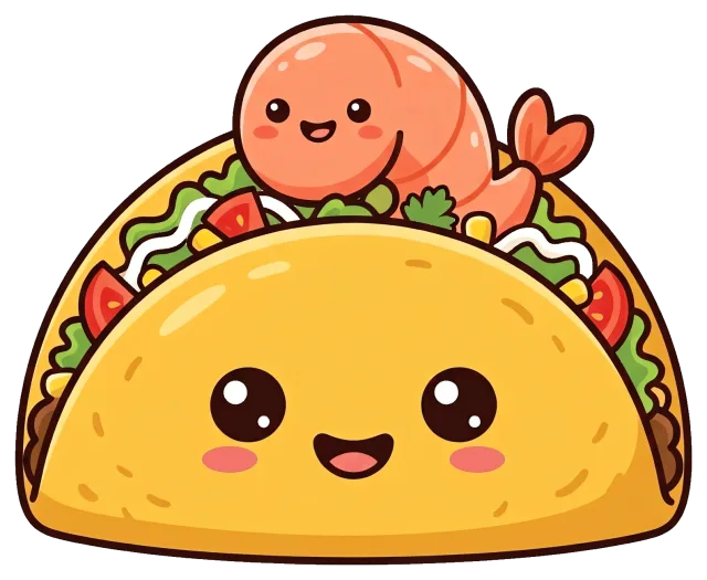 Cute shrimp taco cartoon character with smiling faces