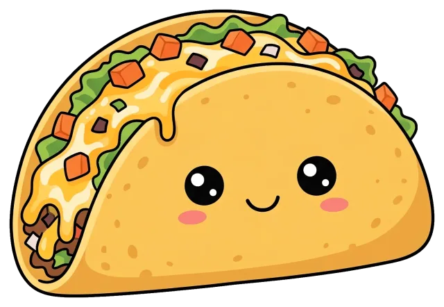 Cute smiling cheese taco with lettuce and diced vegetables
