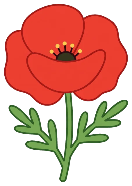 Cartoon red poppy flower with green stem and leaves