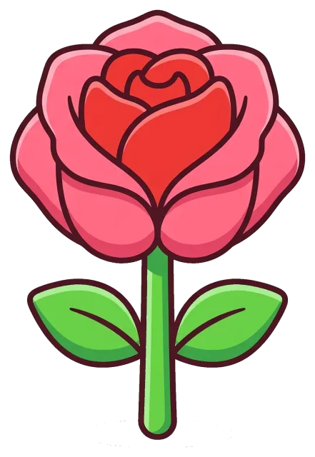 Cartoon rose with pink and red petals and green leaves