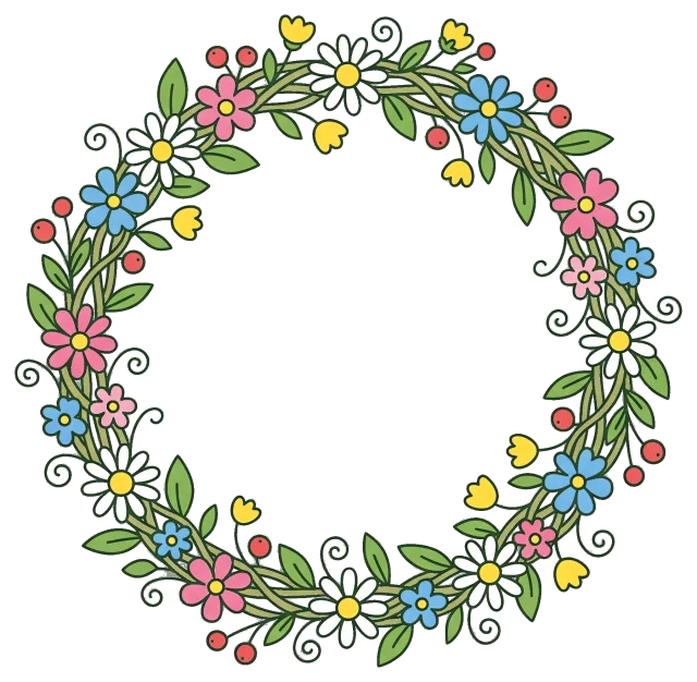 Colorful floral wreath with green leaves and small flowers