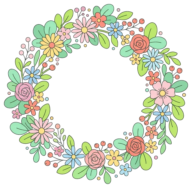 Colorful floral wreath with mixed flowers and green leaves