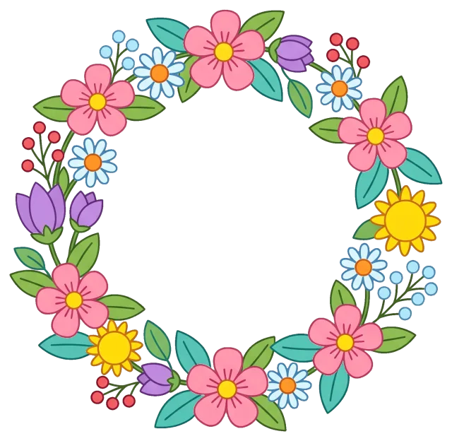 Colorful floral wreath with pink, yellow, and blue flowers