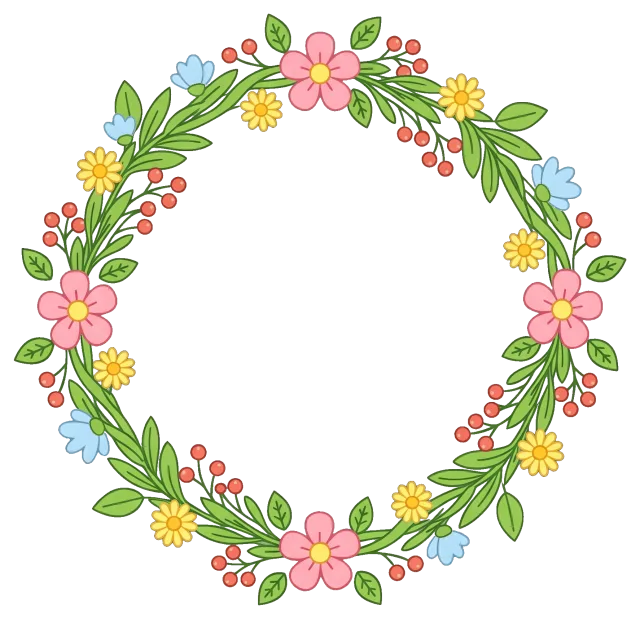 Colorful floral wreath with pink, yellow, and blue flowers