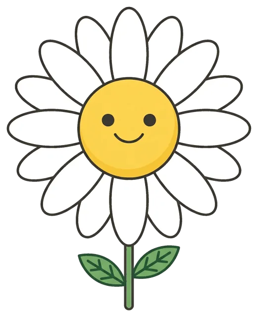 Cute Smiling Daisy Flower with White Petals and Green Leaves