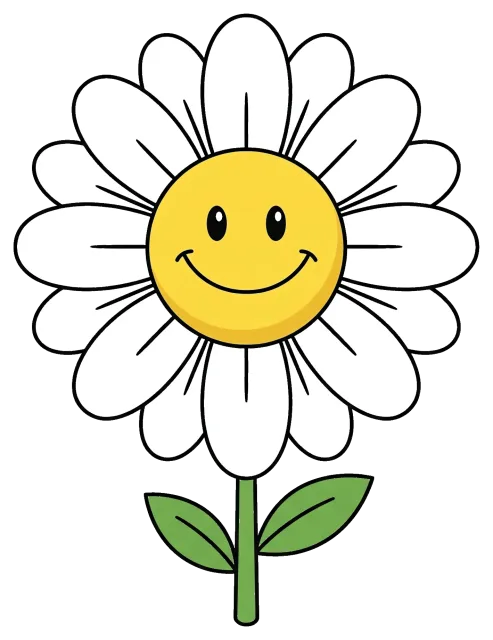 Daisy character with smiling face and green leaves