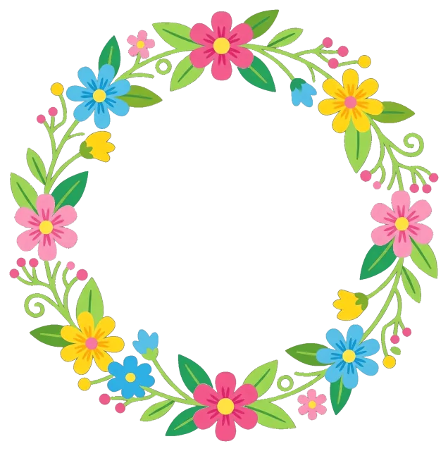 Floral wreath cartoon drawing with colorful flowers and leaves
