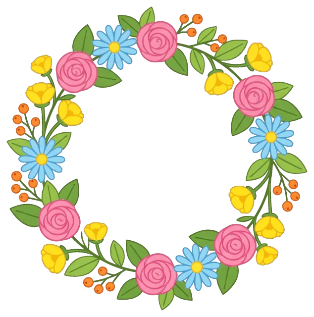 Floral wreath cartoon style with pink, yellow, and blue flowers