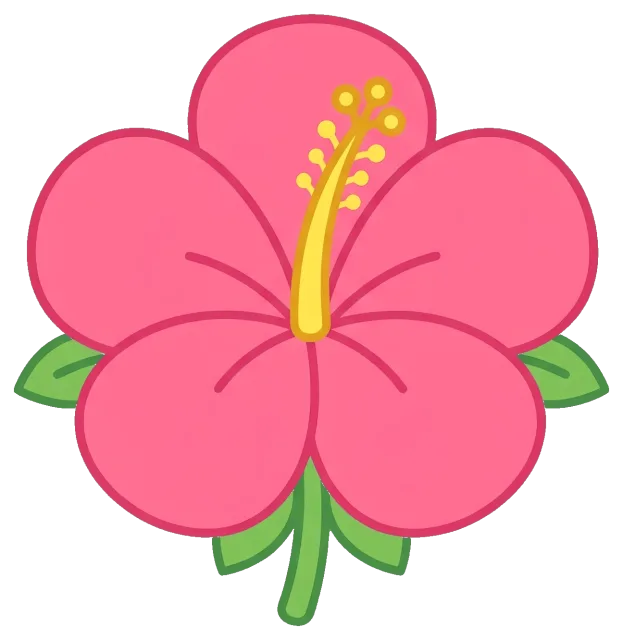 Pink hibiscus flower with green leaves and yellow stamen