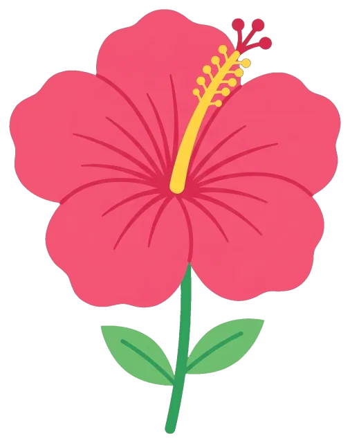 Pink hibiscus flower with green leaves and yellow stamen