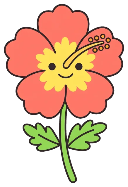 Smiling hibiscus flower with green leaves