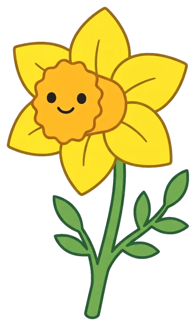 Smiling yellow daffodil flower with green stem and leaves
