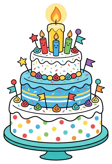 Colorful three-tier birthday cake with candles and decorations