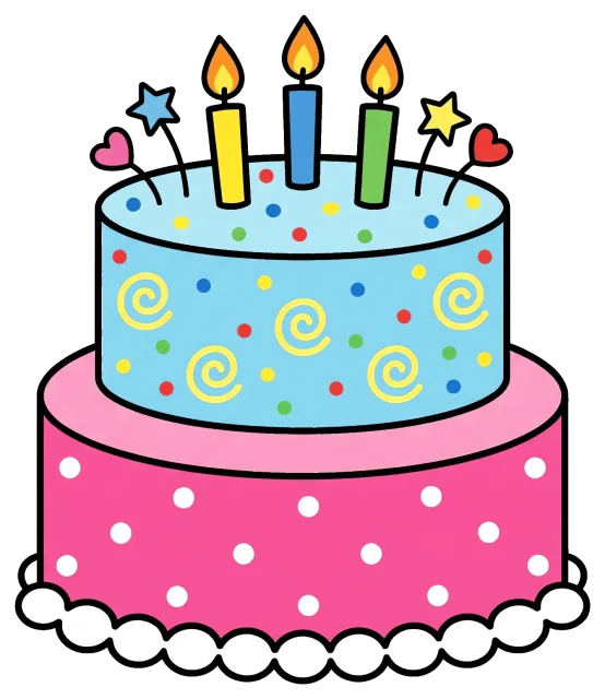 Colorful two-tier birthday cake with candles and decorations