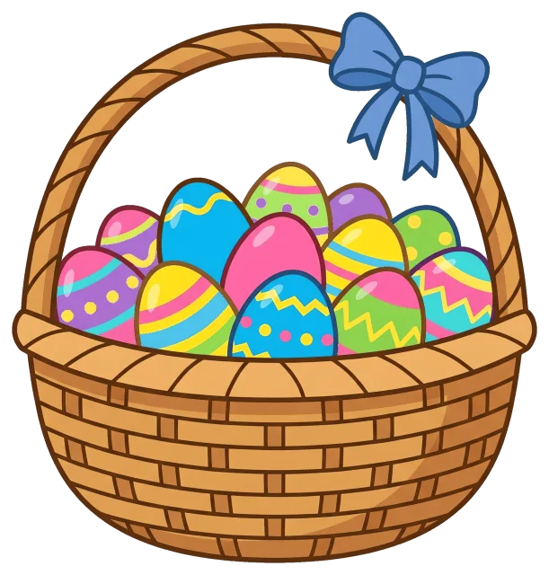 Easter egg basket with colorful decorated eggs and blue bow