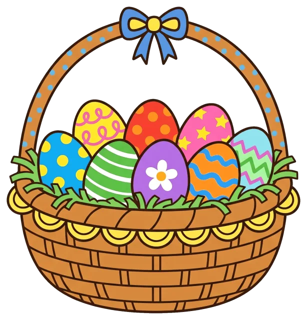 Easter egg basket with colorful decorated eggs and blue bow