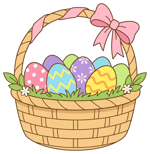 Easter egg basket with colorful decorated eggs and pink bow