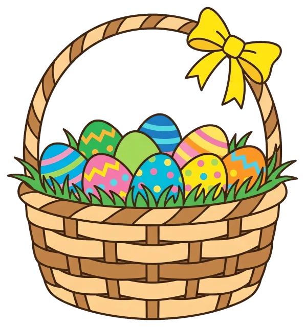 Easter egg basket with colorful decorated eggs and yellow bow