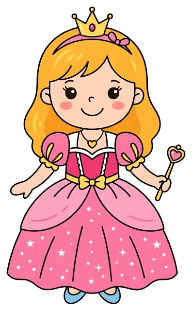 Cute princess in pink dress with crown and magic wand