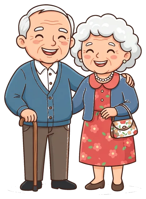Happy elderly grandparents standing together with cane and handbag