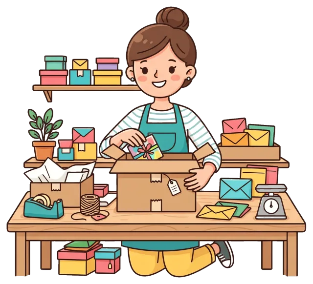 Small business owner packing orders at a wooden table
