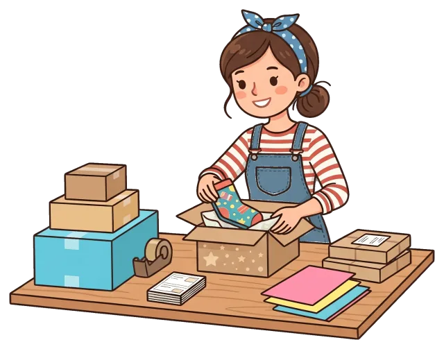 Small business owner packing orders at a wooden table